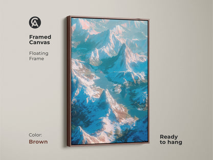 Framed canvas art showcasing an aerial view of mountains. The brown floating frame enhances the natural scene. The artwork is ready to hang. The warm tones add depth to the landscape. A perfect addition to your home decor.