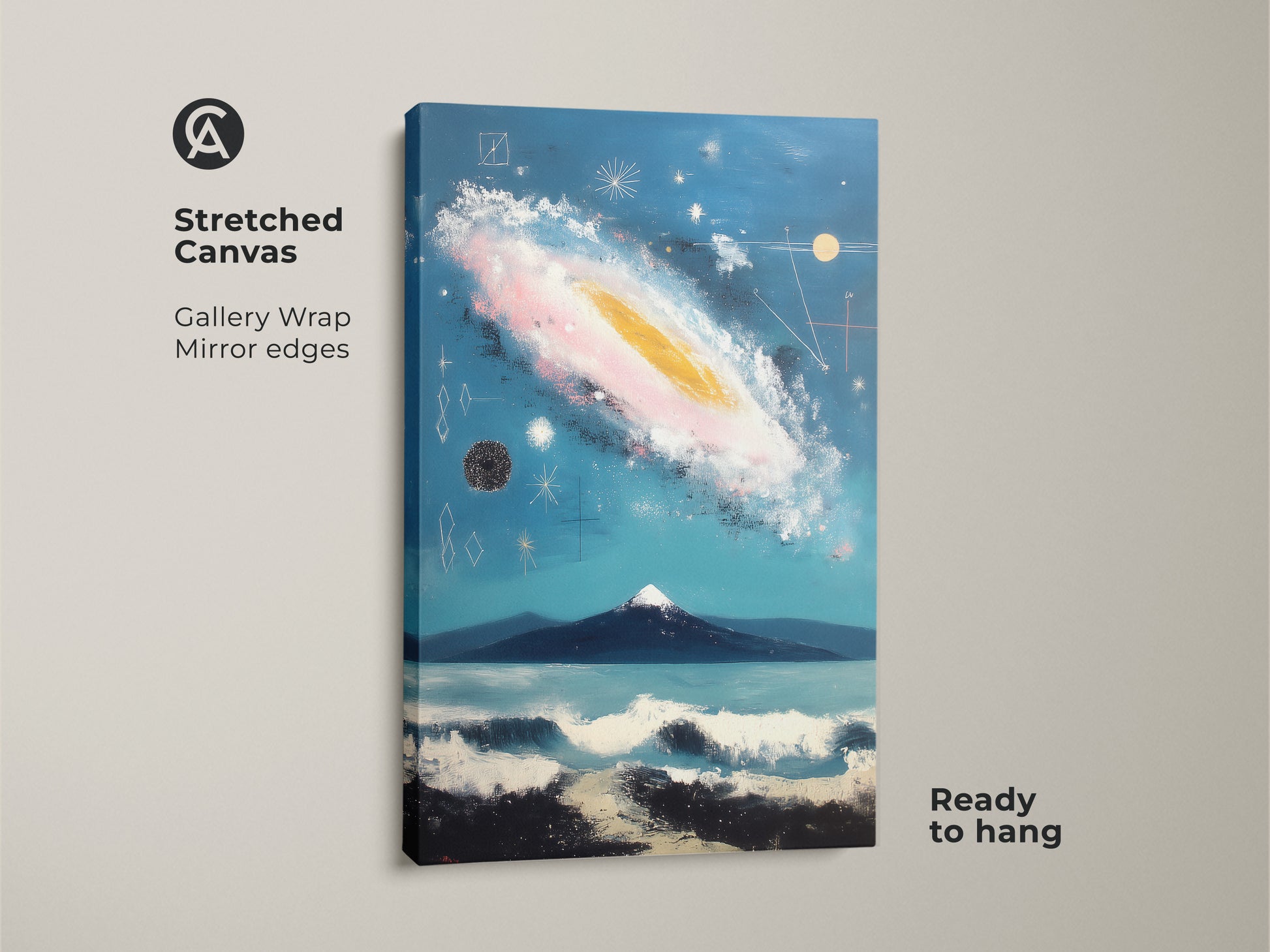 Poster print of abstract galaxy artwork. Rolled in a tube and easy to frame. The cosmic space theme uses deep blue teal colors. A unique wall hanging for home and living decor.
