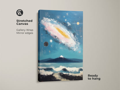 Poster print of abstract galaxy artwork. Rolled in a tube and easy to frame. The cosmic space theme uses deep blue teal colors. A unique wall hanging for home and living decor.