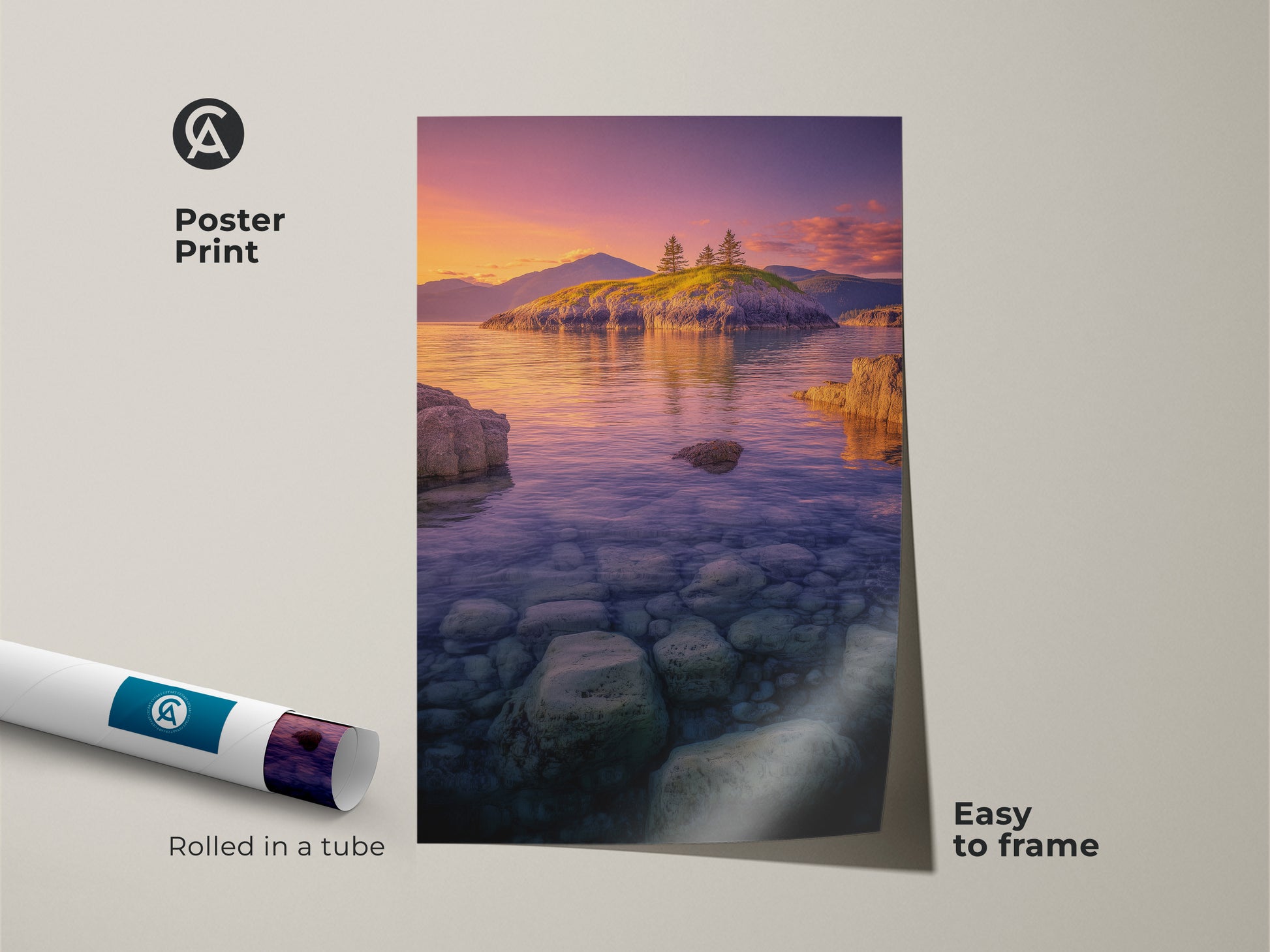 Poster Print featuring an Island Seascape. The Coastal Sunset Wall Art arrives rolled in a tube for easy framing. Ocean landscape photography captures a serene island scene. The vibrant orange and pink sky adds a touch of natural beauty.