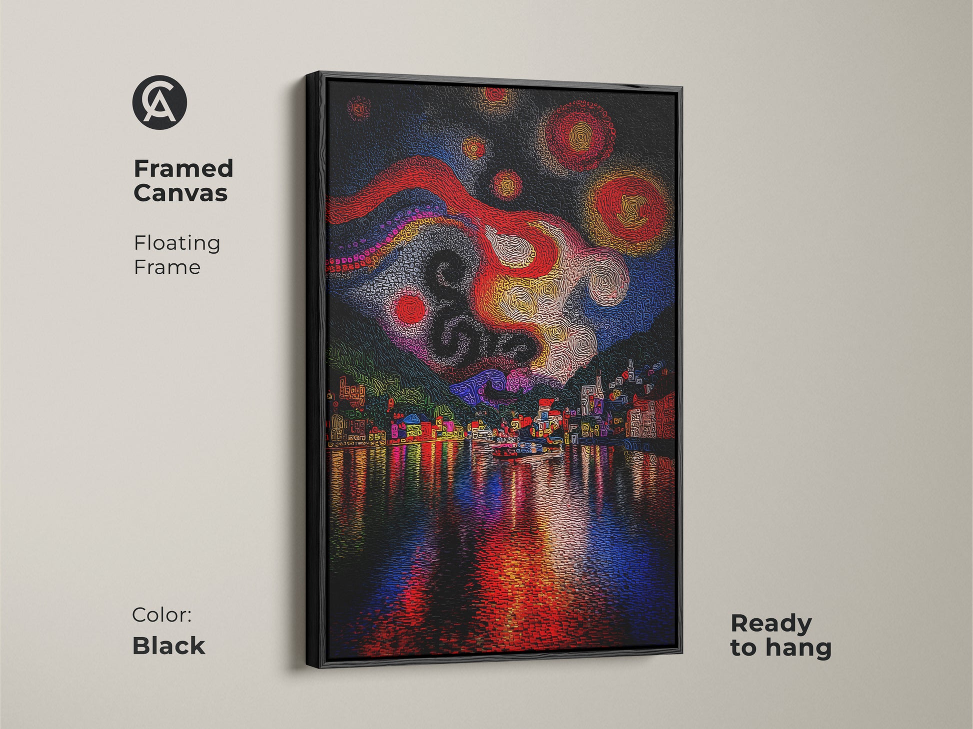 Framed Canvas with a floating frame in black. This abstract cityscape is ready to hang. The colorful village artwork features an impressionistic night sky in red yellow and blue.