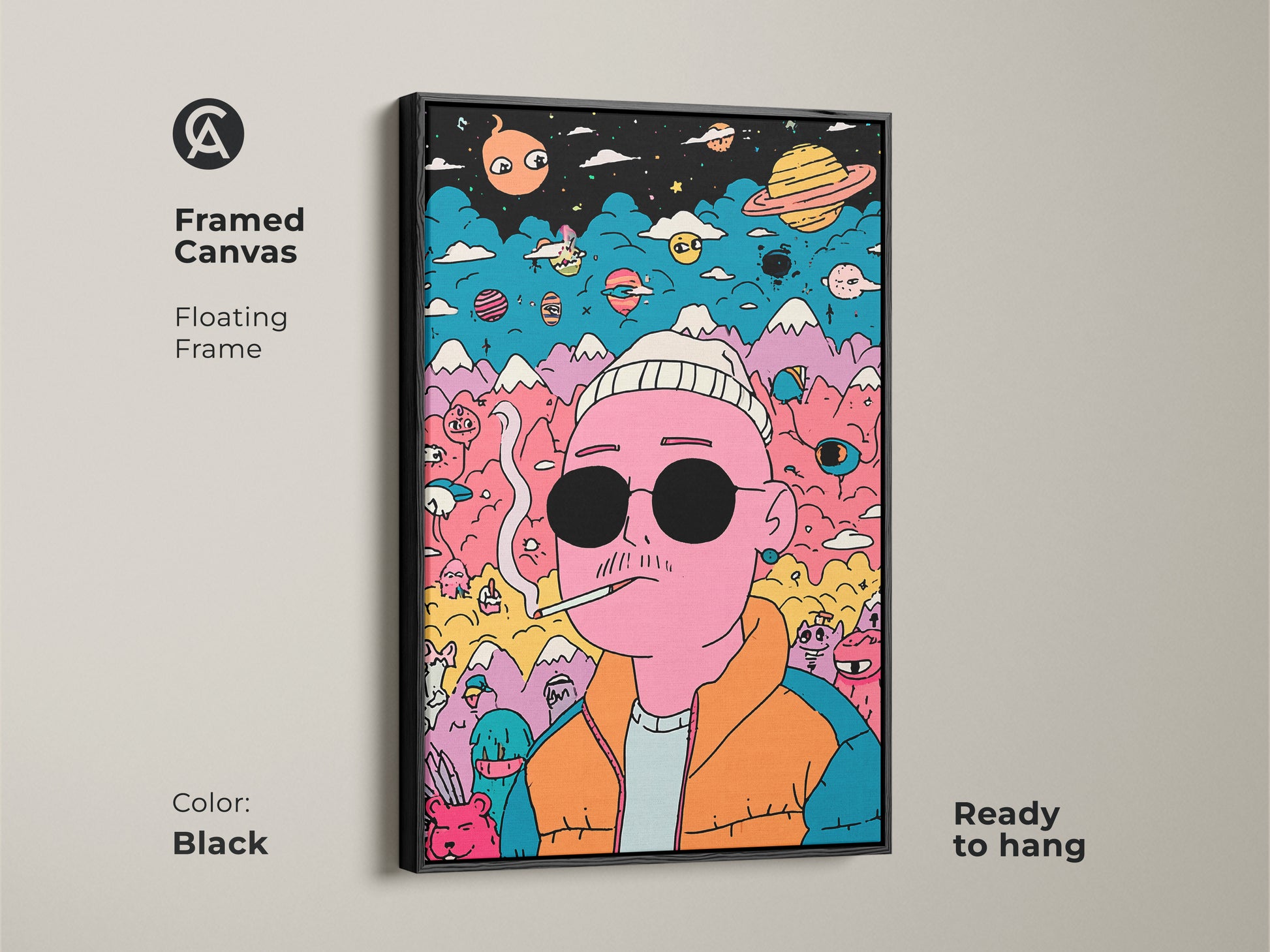 Framed canvas art with a floating frame in black. This artwork features a pink man smoking a cigarette. He is surrounded by planets mountains and creatures. The black frame adds a modern touch. It is ready to hang and enjoy. Buy this unique artwork today.
