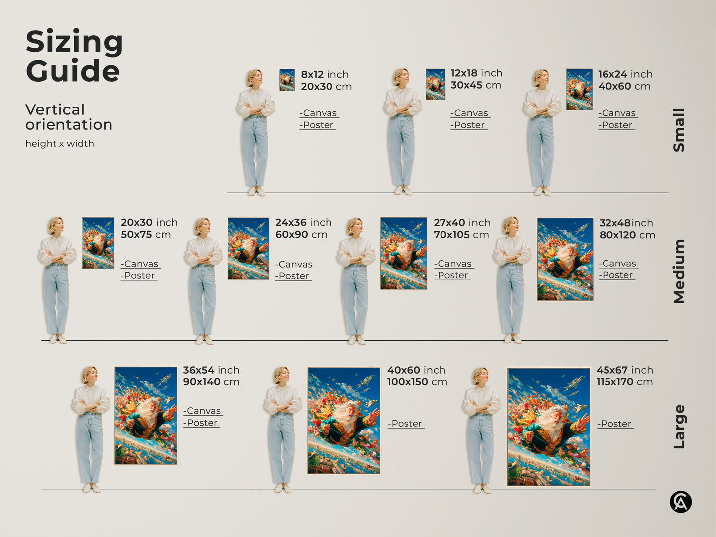 Sizing guide for vertical Santa Claus skydiving canvas and poster artwork. Visual guide shows different sizes from small to large with dimensions in inches and centimeters. Find the perfect size for your space.