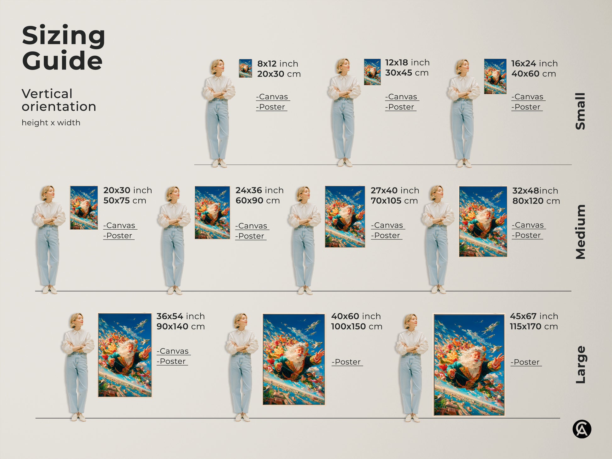 Sizing guide for vertical Santa Claus skydiving canvas and poster artwork. Visual guide shows different sizes from small to large with dimensions in inches and centimeters. Find the perfect size for your space.