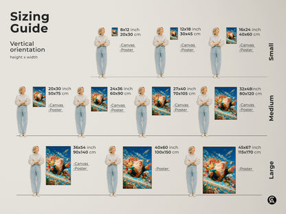 Sizing guide for vertical Santa Claus skydiving canvas and poster artwork. Visual guide shows different sizes from small to large with dimensions in inches and centimeters. Find the perfect size for your space.