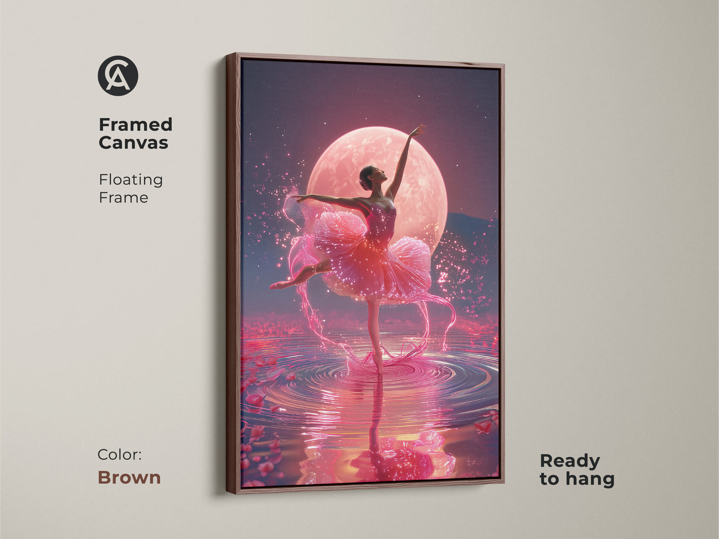 Framed canvas with a floating frame in brown showcasing a ballerina under a pink moon ready to hang. This ballet dancer artwork features fuchsia and magenta hues. It's dreamy bedroom decor.
