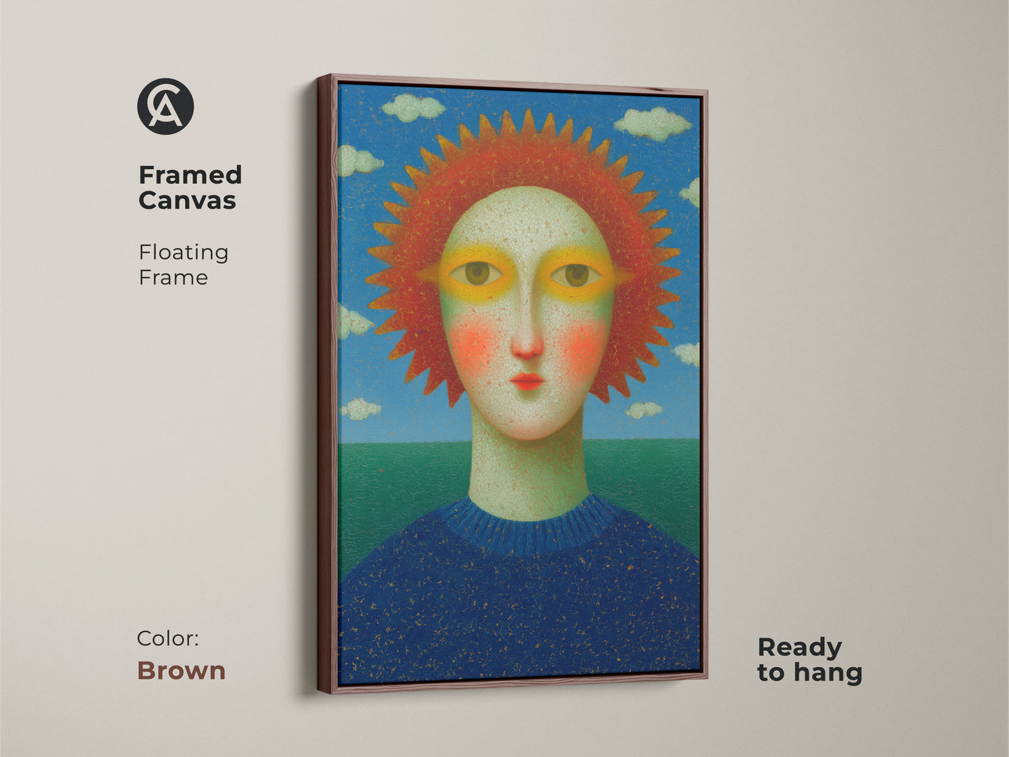 A surreal sun face artwork print in a bedroom setting. The modern folk art wall decor complements the bohemian style. The eclectic blue red and green canvas adds color to the room. It is a perfect birthday gift for art collectors.