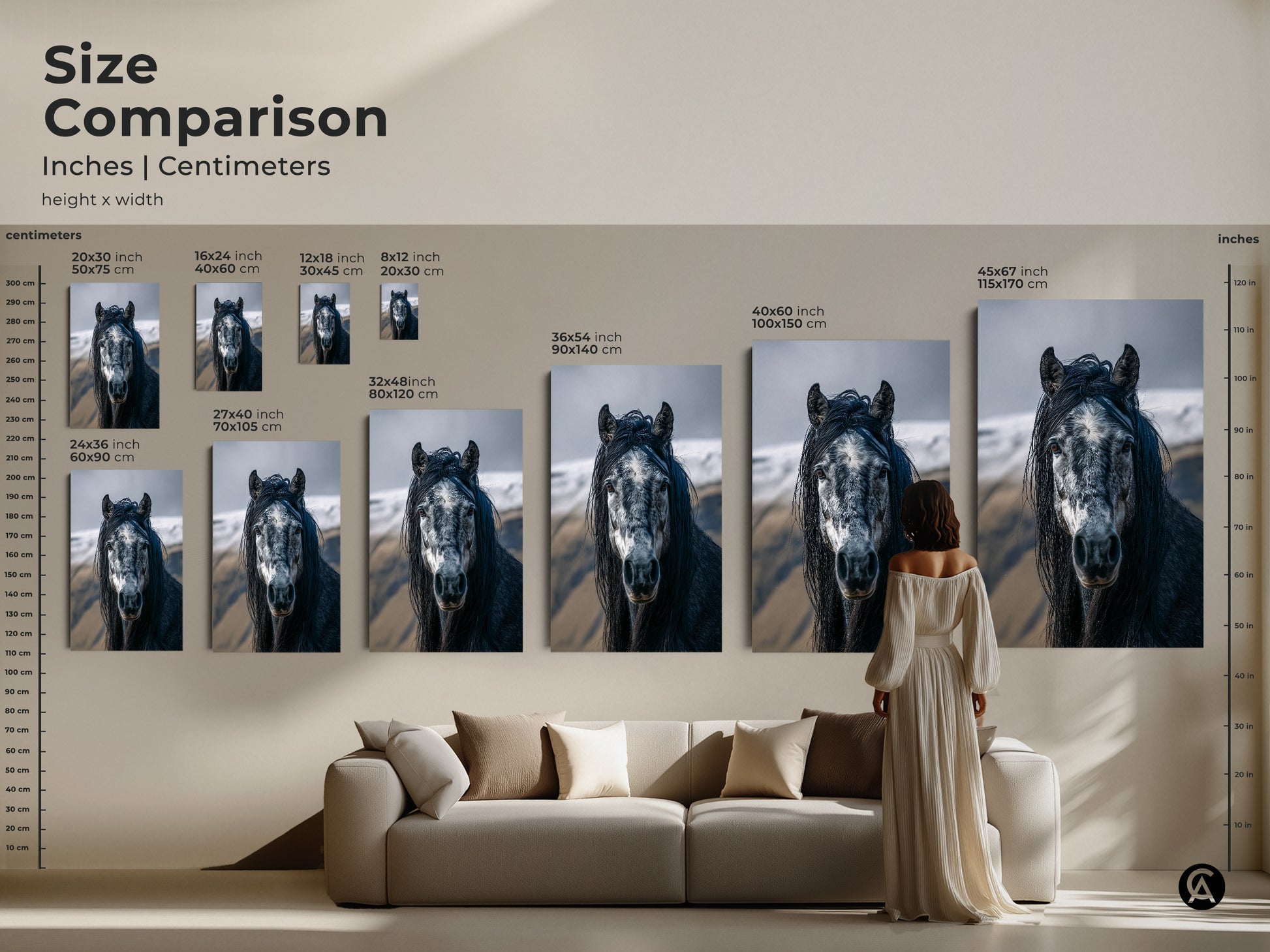 Size comparison of the photorealistic horse canvas art. Various sizes are showcased in inches and centimeters. This dark grey and white artwork offers rustic equine wall decor for any room. Find the perfect size to enhance your home with this elegant animal portrait. Ideal for horse lovers.