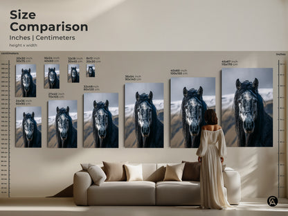 Size comparison of the photorealistic horse canvas art. Various sizes are showcased in inches and centimeters. This dark grey and white artwork offers rustic equine wall decor for any room. Find the perfect size to enhance your home with this elegant animal portrait. Ideal for horse lovers.
