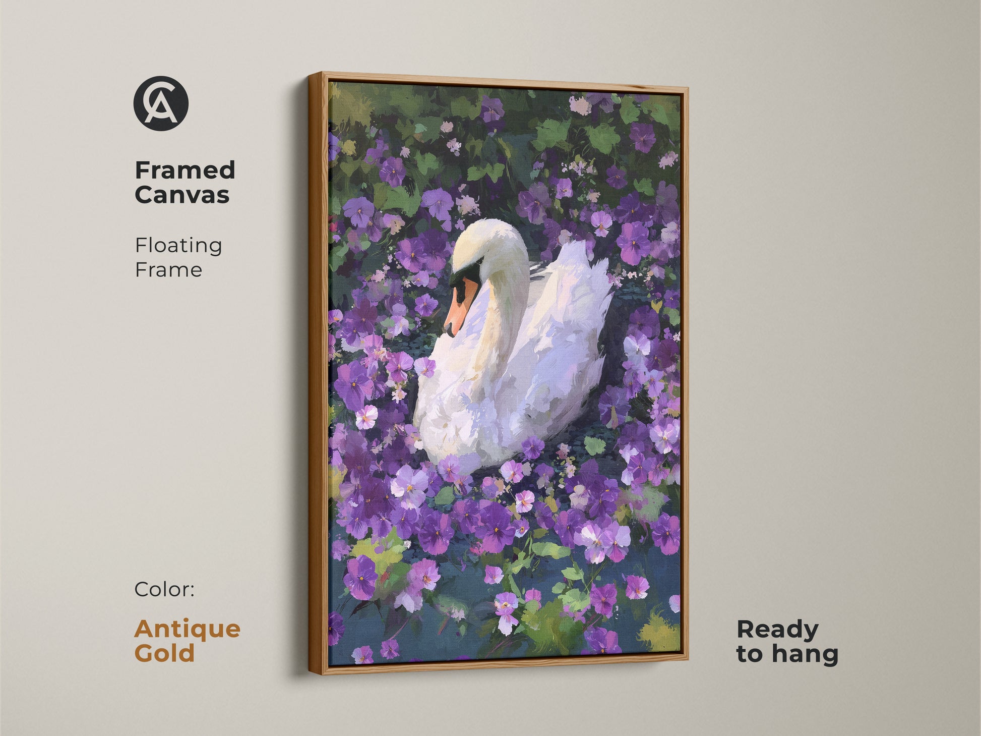 This framed art print features a white swan. The swan is surrounded by purple floral elements. The antique gold floating frame adds a touch of vintage charm. It's an ideal gift for nature lovers seeking eclectic decor. The canvas is ready to hang.