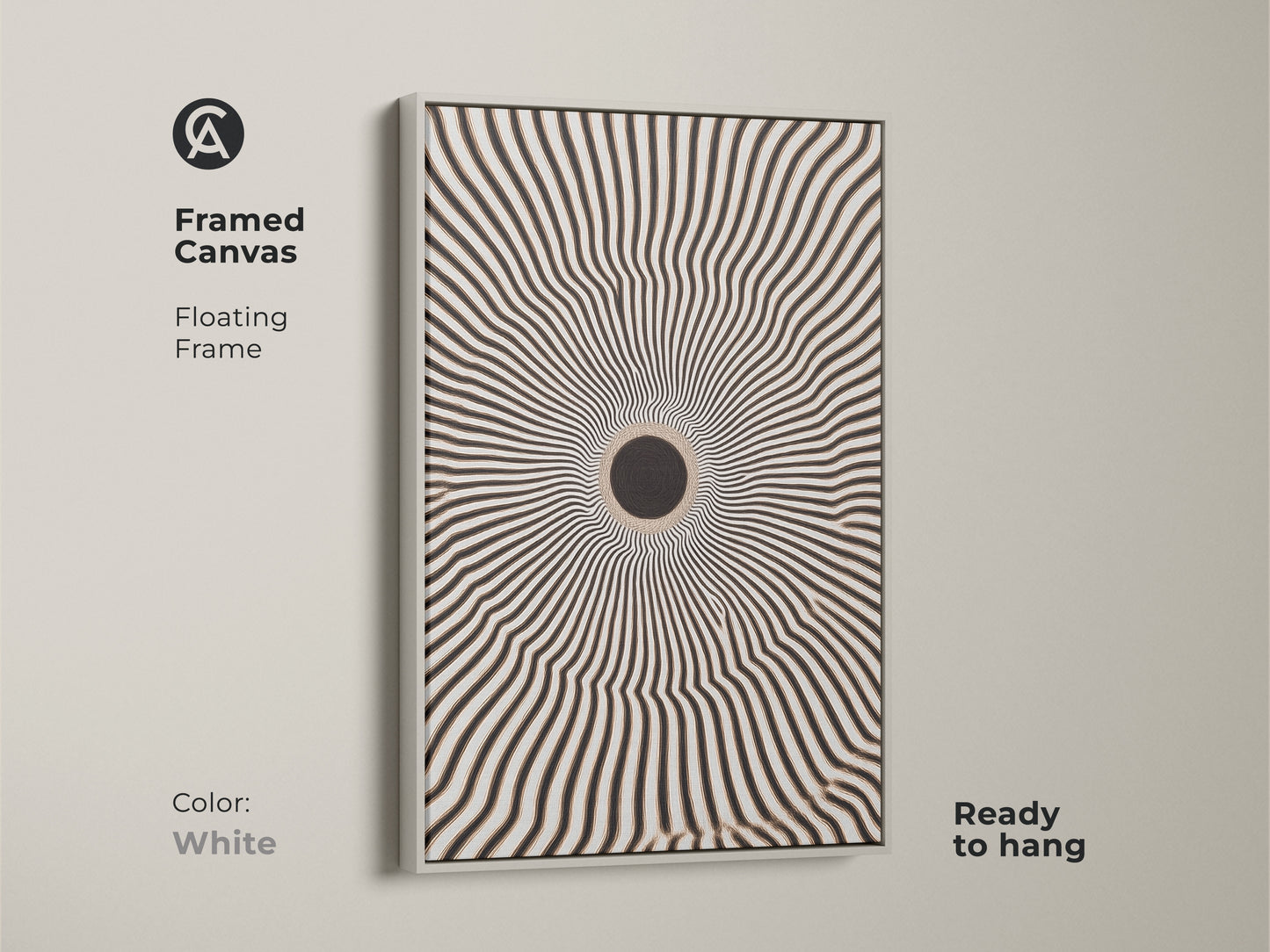 Framed canvas featuring an eye-catching geometric artwork. The floating frame enhances the black and white radial burst. It is ready to hang. The white frame complements minimalist home decor. It adds a modern touch to any room.