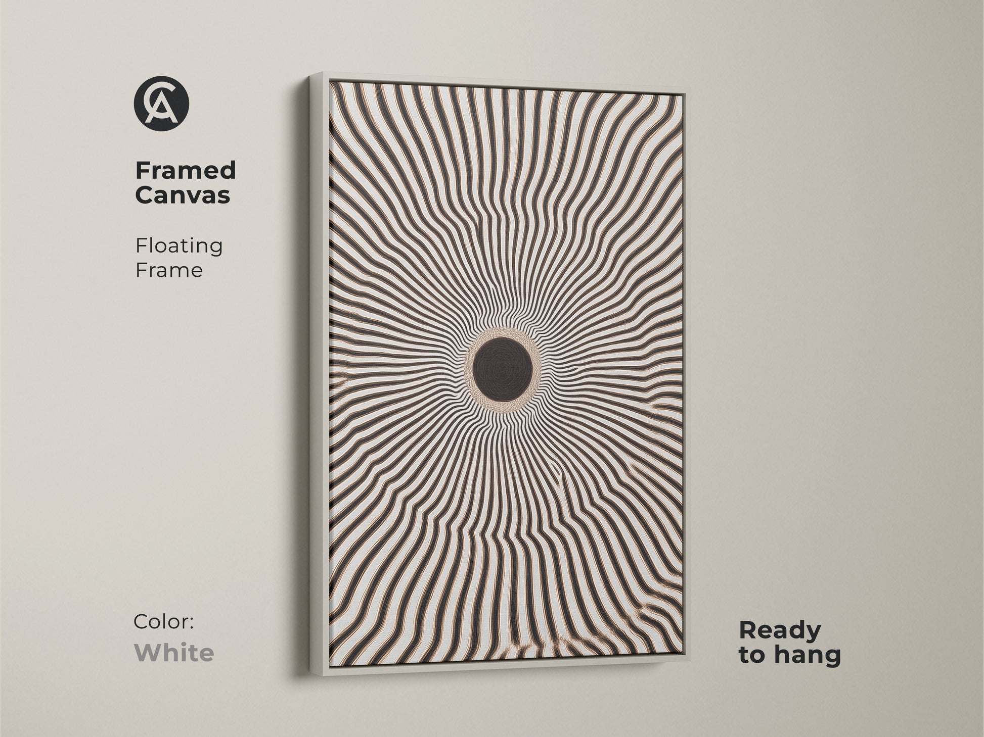 Framed canvas featuring an eye-catching geometric artwork. The floating frame enhances the black and white radial burst. It is ready to hang. The white frame complements minimalist home decor. It adds a modern touch to any room.