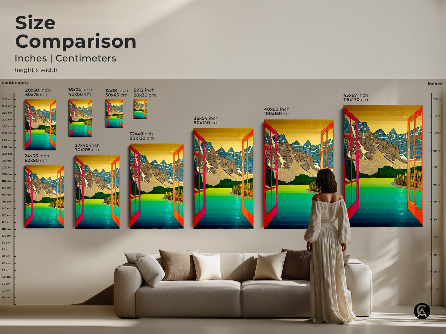 The abstract mountain lake art captures a breathtaking mountain and lake scene through an open window rendered in a contemporary style with vibrant teal green and yellow tones.