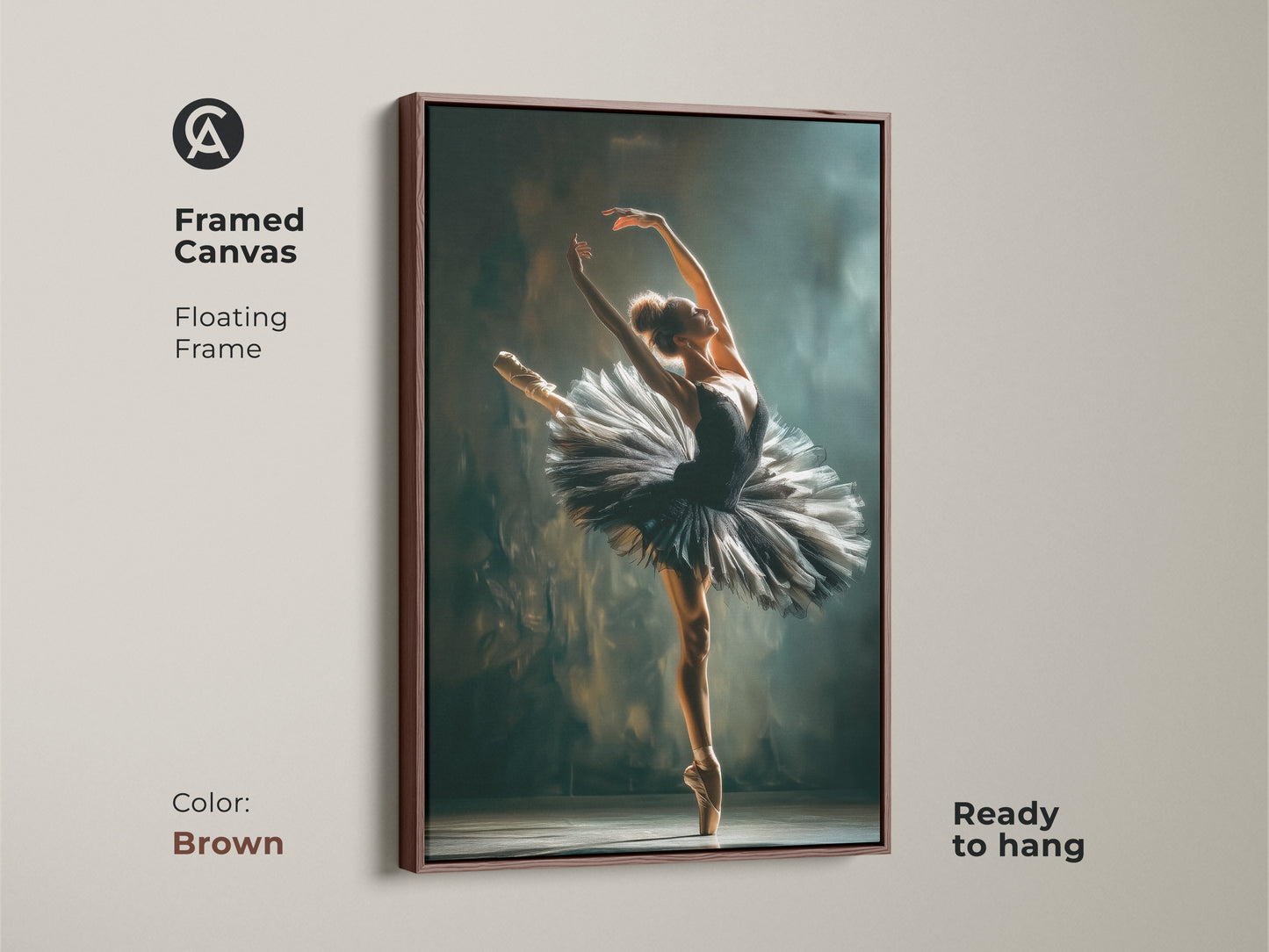 Brown framed canvas of a ballerina. The ballerina is wearing a black tutu. This floating frame canvas art is ready to hang. The perfect touch of elegance for your home or studio. A stylish piece for art collectors.