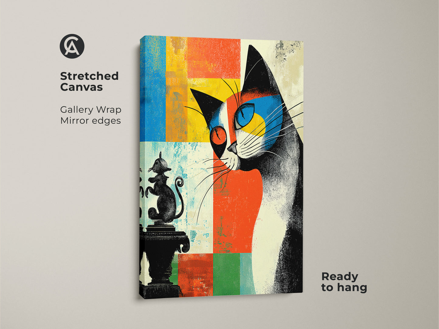 Stretched canvas featuring mid century modern cat art. Abstract expressionist wall art with a quirky cat illustration. Gallery wrapped with mirror edges. Ready to hang for an eclectic home decor print.