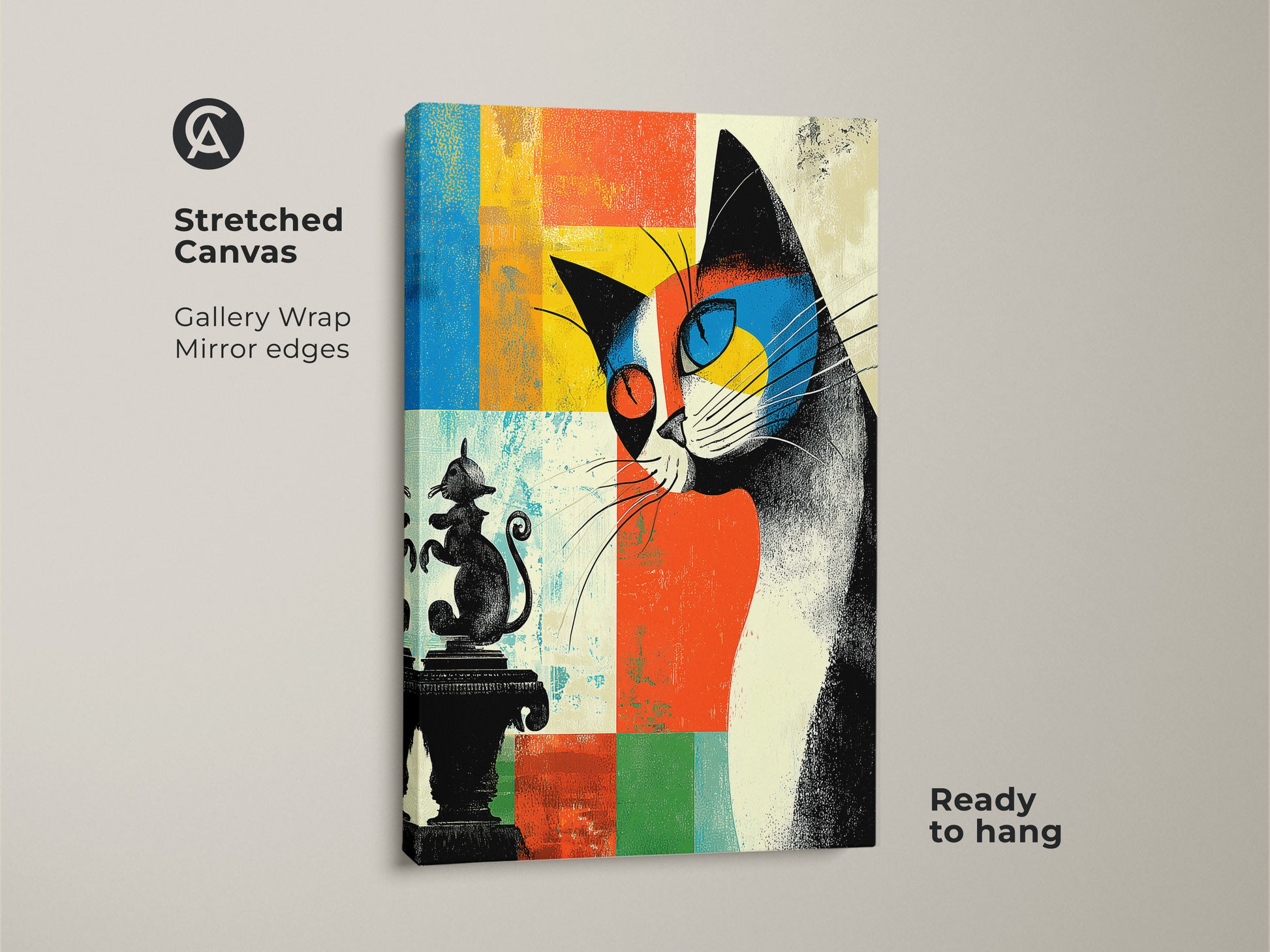 Stretched canvas featuring mid century modern cat art. Abstract expressionist wall art with a quirky cat illustration. Gallery wrapped with mirror edges. Ready to hang for an eclectic home decor print.