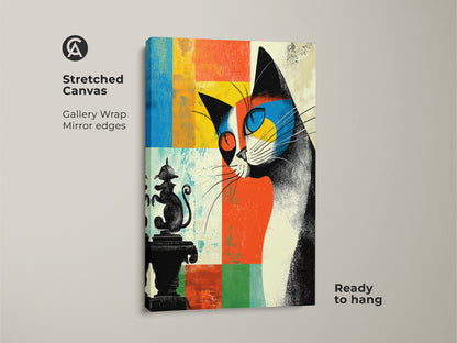 Stretched canvas featuring mid century modern cat art. Abstract expressionist wall art with a quirky cat illustration. Gallery wrapped with mirror edges. Ready to hang for an eclectic home decor print.