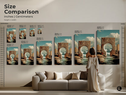 Size comparison of conceptual ocean portal art prints.  A woman stands in front of a sofa. Different canvas and poster size comparison.  Unique conceptual artwork for any room.