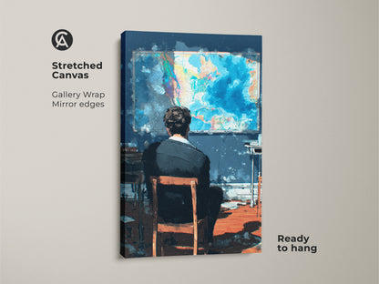Transform your space with 'The Observer' art. This striking stretched canvas features gallery wrapped edges. The artwork shows a man contemplating a colorful world map. This piece is ready to hang and admire. Add a touch of intellectual curiosity to your home decor.