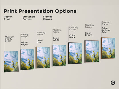 Print presentation options showcasing poster prints stretched canvas and framed canvas. The artwork features a yellow canola field under a blue sky. Available with various floating frame colors oak white black brown and antique gold. Find the perfect style to complement your home decor.