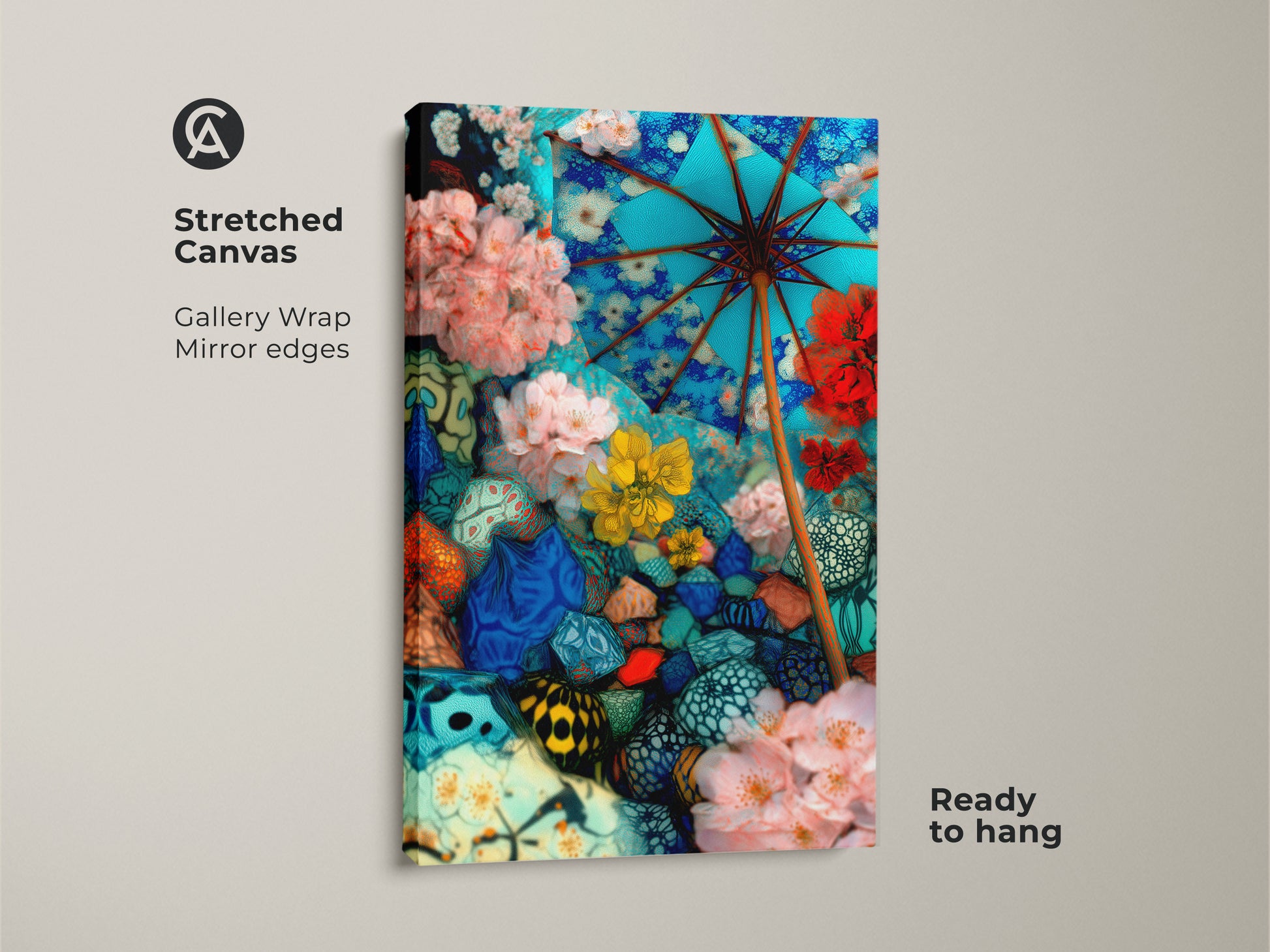 This Stretched Canvas displays a surreal floral umbrella art piece. It is a stunning abstract botanical wall art. This eclectic bedroom decor print features blue pink and teal hues. The Gallery Wrap with Mirror Edges ensures a museum-quality look. Ready to hang this mixed media canvas will bring a unique touch to any room. It is an ideal piece of collage art decor.