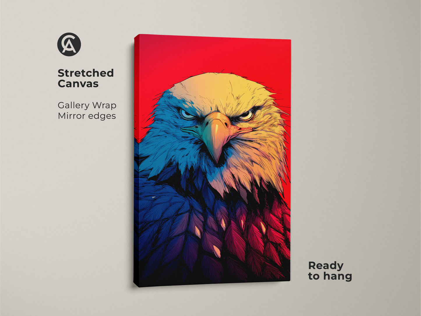 A Stretched Canvas shows a Bald Eagle Print ready to hang. The gallery wrap emphasizes mirrored edges. This wildlife artwork uses a vibrant red background. The canvas features a striking close-up portrait. The bird's intense gaze is a bold patriotic statement. It shows yellow blue and red hues. It's ideal for adding American spirit to any room. This is perfect for contemporary graphic styles.