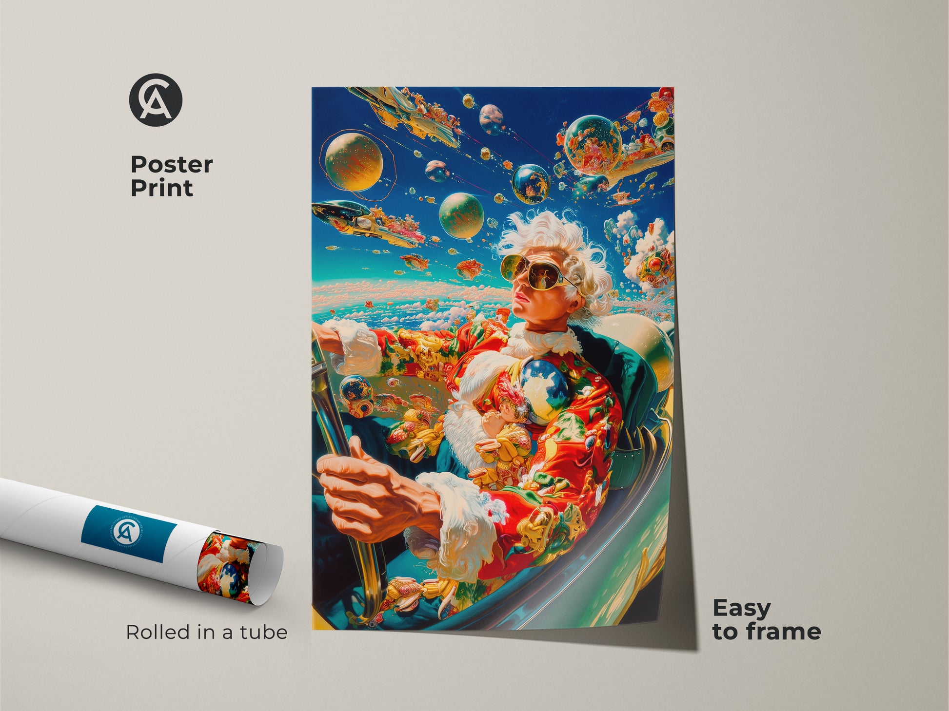 Poster print artwork shows a person driving a car with planets in the sky. This museum-quality paper poster is rolled in a tube. It is easy to frame. Buy poster prints online now.