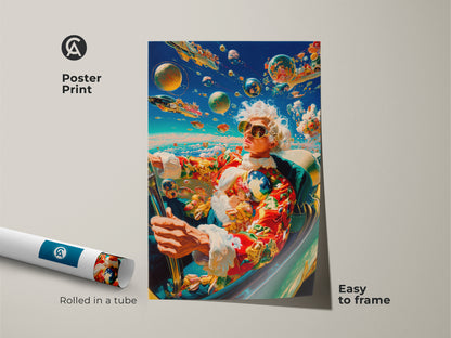Poster print artwork shows a person driving a car with planets in the sky. This museum-quality paper poster is rolled in a tube. It is easy to frame. Buy poster prints online now.