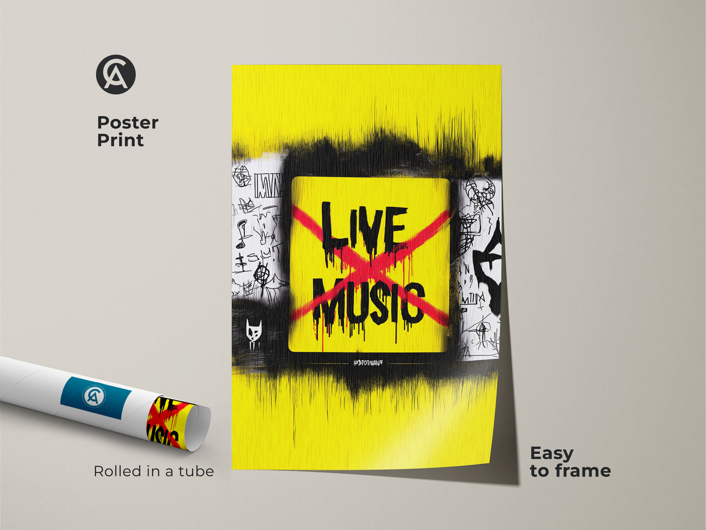 Rolled poster print of yellow and black graffiti concert art. The urban street art print is easy to frame. It's a vibrant music decor for music lovers. Perfect as a band poster alternative.