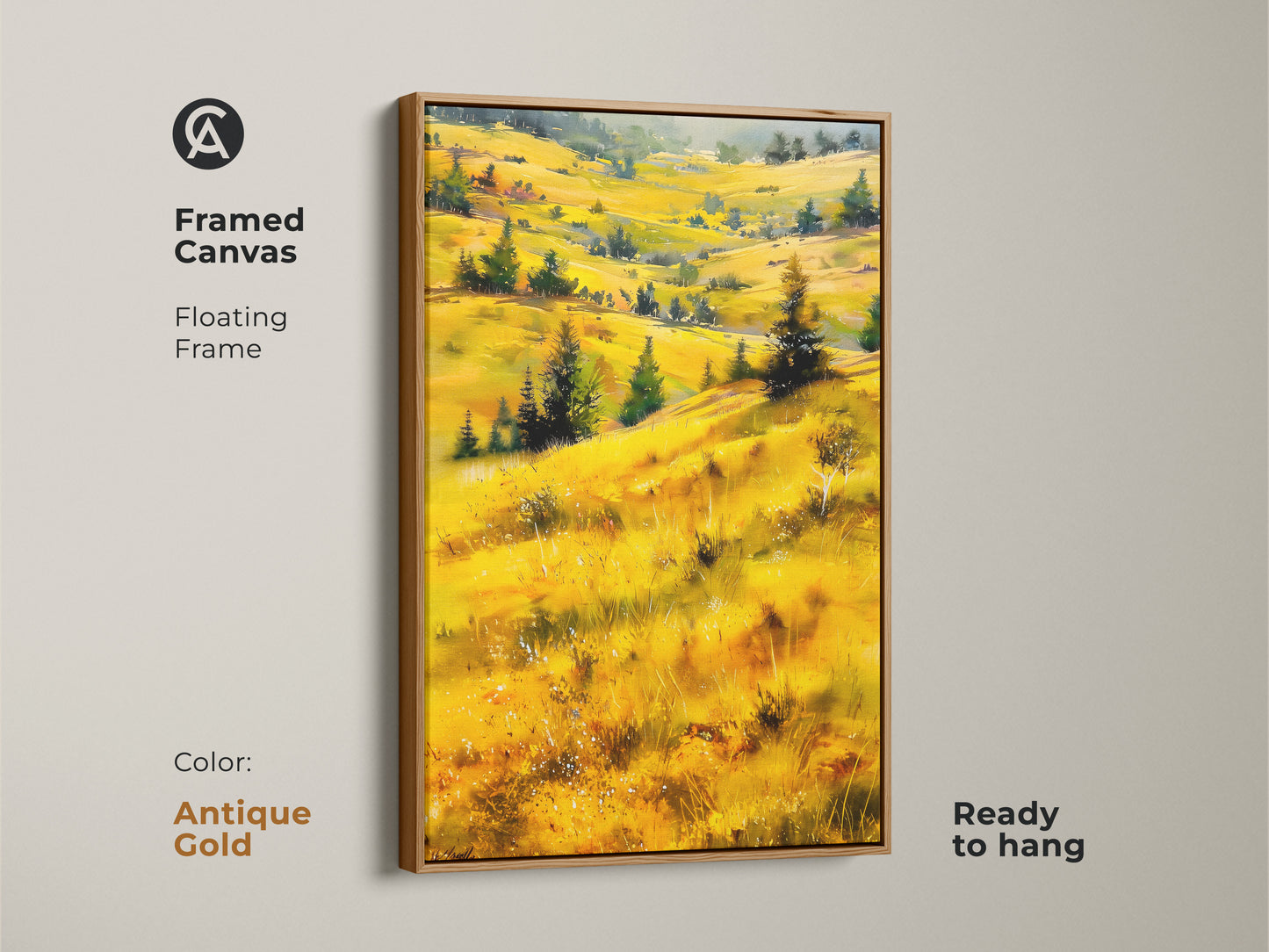 Framed canvas art featuring golden hills and green trees. This impressionistic nature scene is ready to hang. The antique gold floating frame adds a touch of sophistication. Perfect for farmhouse bedroom decor. Enhance your home with this expressive artwork.