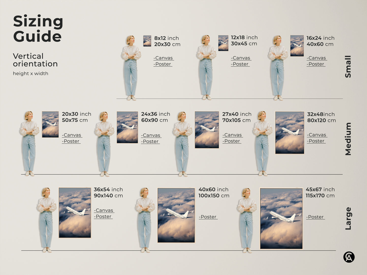 Sizing guide for modern airplane artwork in vertical orientation. Available as canvas or poster prints. Visualize small medium and large sizes to fit your space perfectly. Choose the ideal dimensions for aviation photography in your office or home decor.