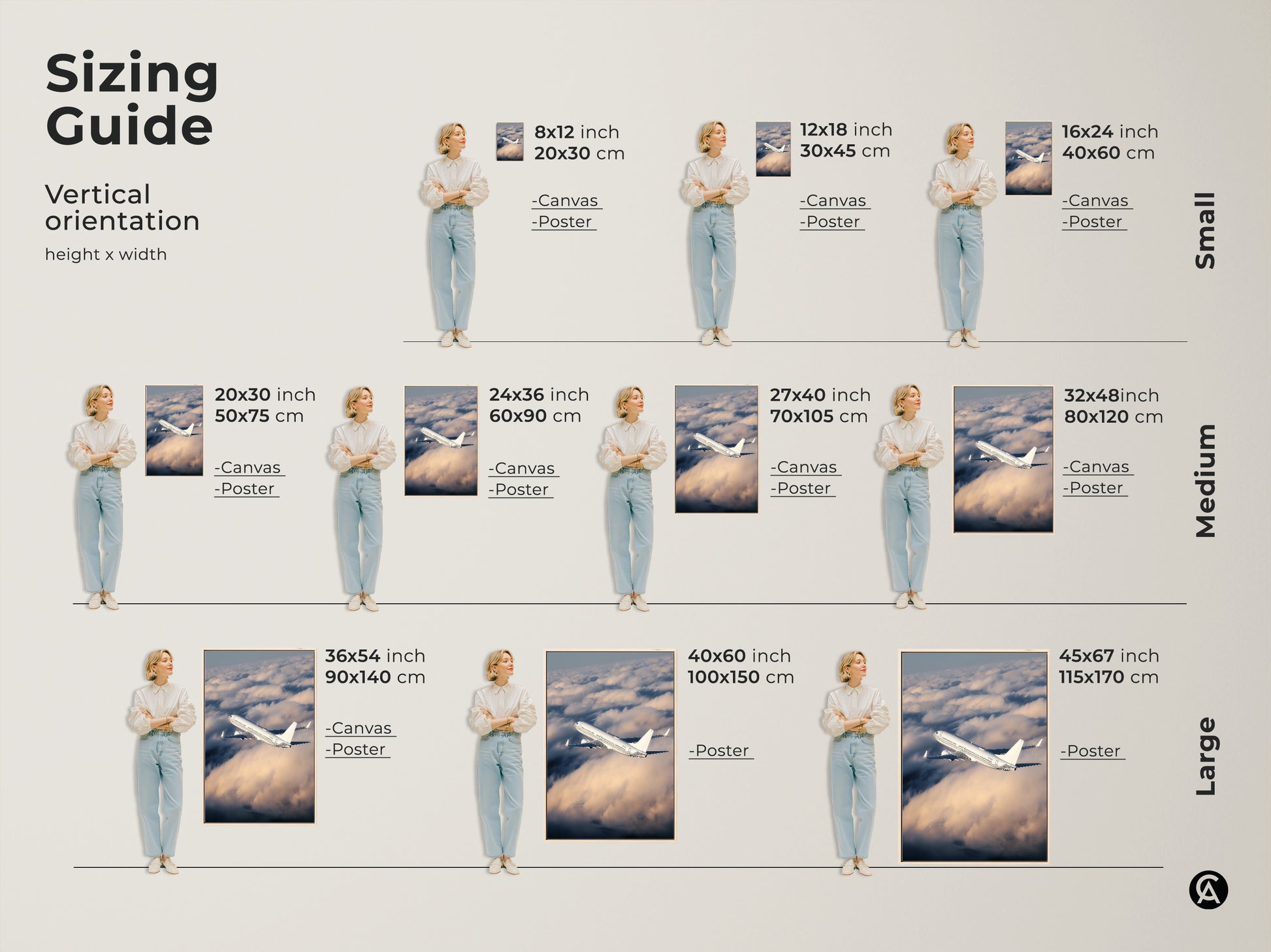 Sizing guide for modern airplane artwork in vertical orientation. Available as canvas or poster prints. Visualize small medium and large sizes to fit your space perfectly. Choose the ideal dimensions for aviation photography in your office or home decor.