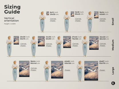 Sizing guide for modern airplane artwork in vertical orientation. Available as canvas or poster prints. Visualize small medium and large sizes to fit your space perfectly. Choose the ideal dimensions for aviation photography in your office or home decor.