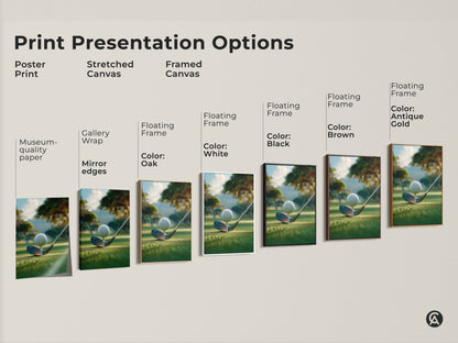 Print presentation options for golf art. Choose from poster print stretched canvas or framed canvas. Frame colors include white black brown and antique gold. All golf art prints feature a golf ball on a tee ready to be hit.
