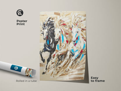 A poster print of three horses in motion. This spiritual animal decor is easy to frame and comes rolled in a tube. The artwork evokes a native american spirit with brown and white hues.