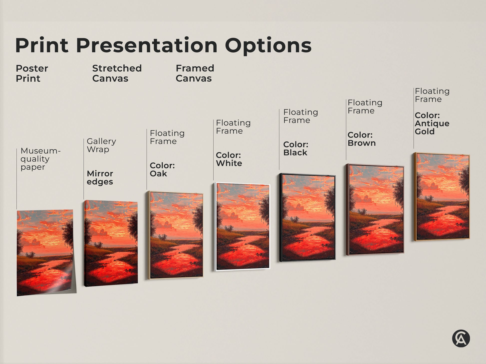 Explore print presentation options for the red sunset river art. Choose from poster prints stretched canvases and framed canvases. Customize with floating frames in oak white black brown or antique gold. Find the perfect style to showcase this impressionist landscape painting.