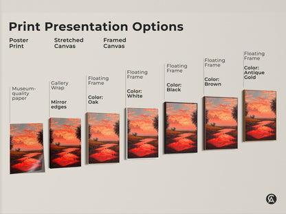 Explore print presentation options for the red sunset river art. Choose from poster prints stretched canvases and framed canvases. Customize with floating frames in oak white black brown or antique gold. Find the perfect style to showcase this impressionist landscape painting.