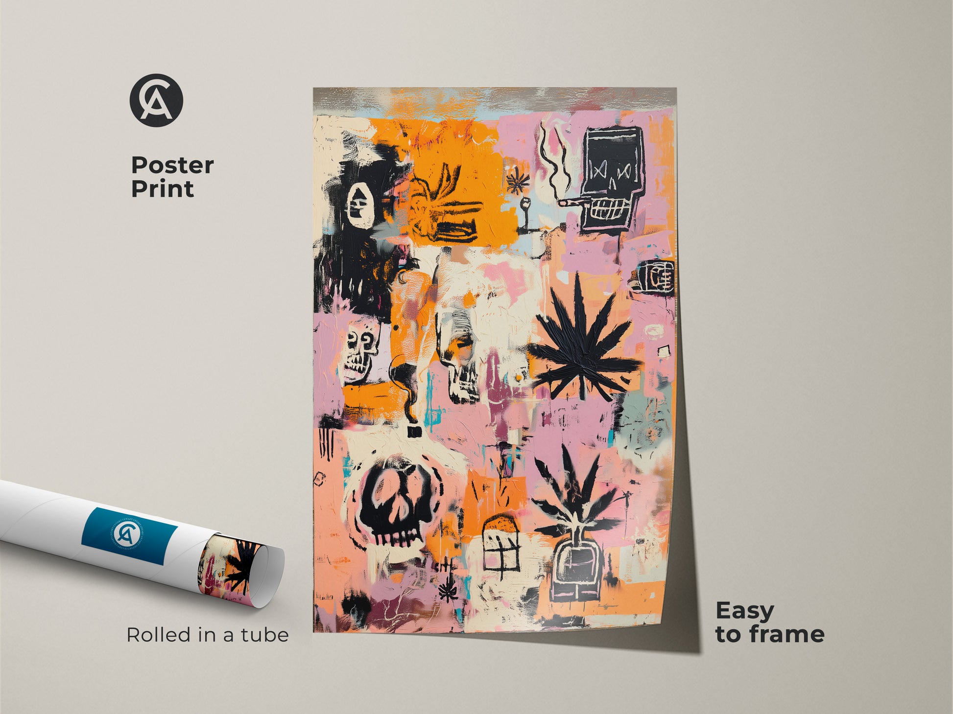 Poster print featuring skulls and cannabis leaves. The art is rolled in a tube. The artwork has a mix of orange and pink hues. It is easy to frame. Perfect for adding a touch of contemporary style to any space.