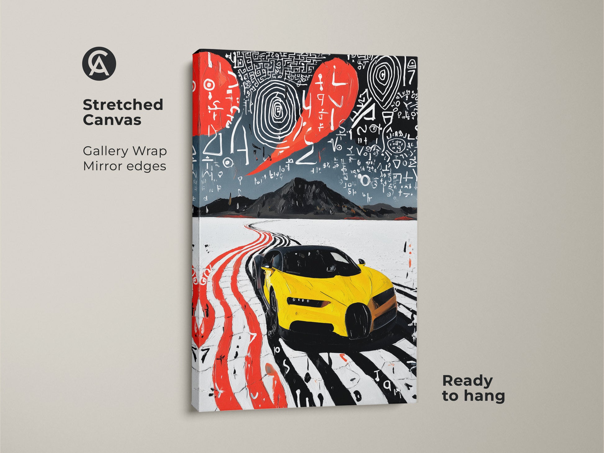 Elevate your space with this vibrant yellow sports car canvas art print. The stretched canvas features gallery wrapped edges. Perfect contemporary office wall decor. A striking gift for car enthusiasts. The abstract road trip artwork enhances any room with modern automotive passion and style.