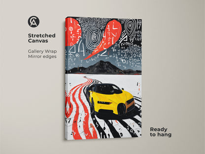 Elevate your space with this vibrant yellow sports car canvas art print. The stretched canvas features gallery wrapped edges. Perfect contemporary office wall decor. A striking gift for car enthusiasts. The abstract road trip artwork enhances any room with modern automotive passion and style.
