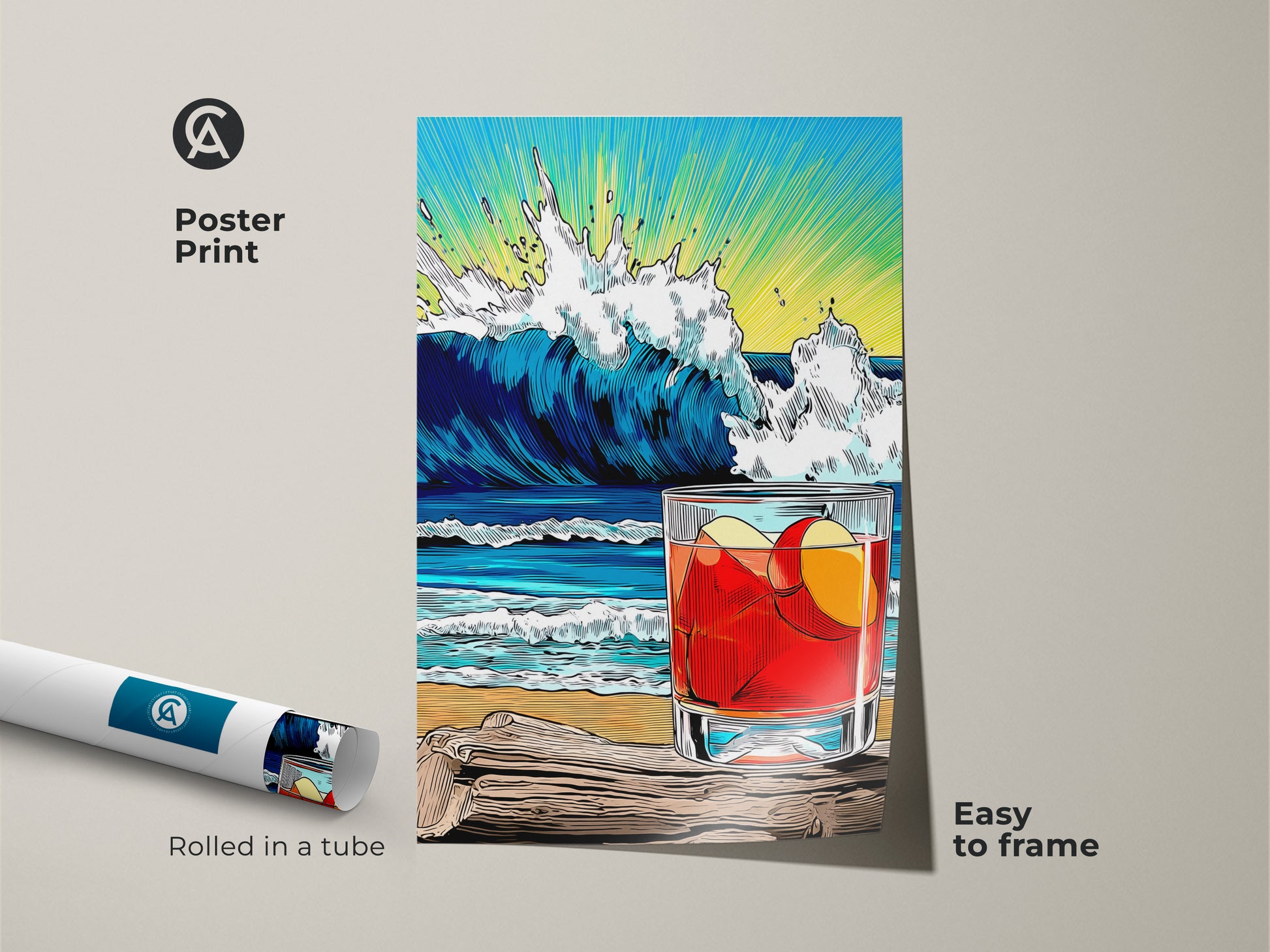 Poster Print of a Beach Wave Drink. Easy to frame Pop artwork ocean poster. Coastal retro wall art to decorate your bar. Rolled in a tube for safe shipping summer vibes.