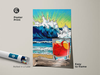 Poster Print of a Beach Wave Drink. Easy to frame Pop artwork ocean poster. Coastal retro wall art to decorate your bar. Rolled in a tube for safe shipping summer vibes.
