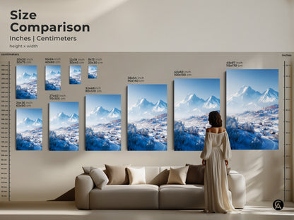 Size comparison chart for winter mountain landscape art prints. See how canvas and poster art sizes range from small to large. Find the perfect fit for your space with our detailed sizing guide.