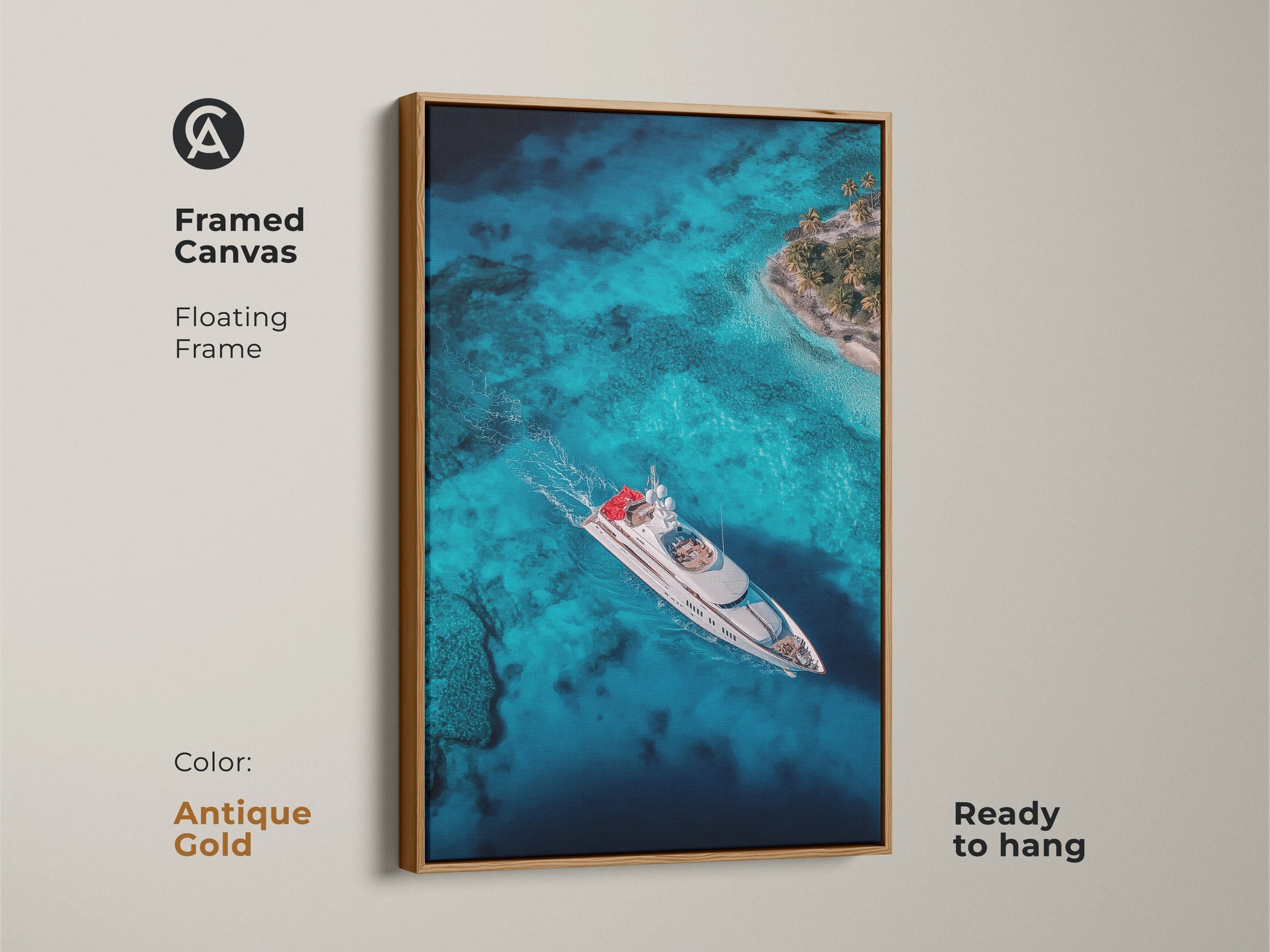 Antique gold framed canvas artwork showcasing a yacht sailing on turquoise waters near a tropical island. The floating frame adds a touch of vintage charm. This ready-to-hang piece brings a luxurious coastal vibe to any space. Perfect for nautical art collectors looking to elevate their decor.