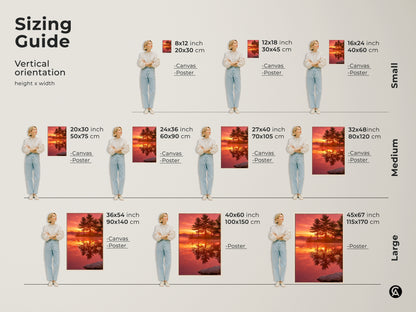 Sizing guide for vertical orientation of the sunset lake canvas art. Options include 8x12 inch to 45x67 inch prints. Available as canvas or poster. Find the perfect size for your nature landscape photography print. Enhance your rustic wall decor.