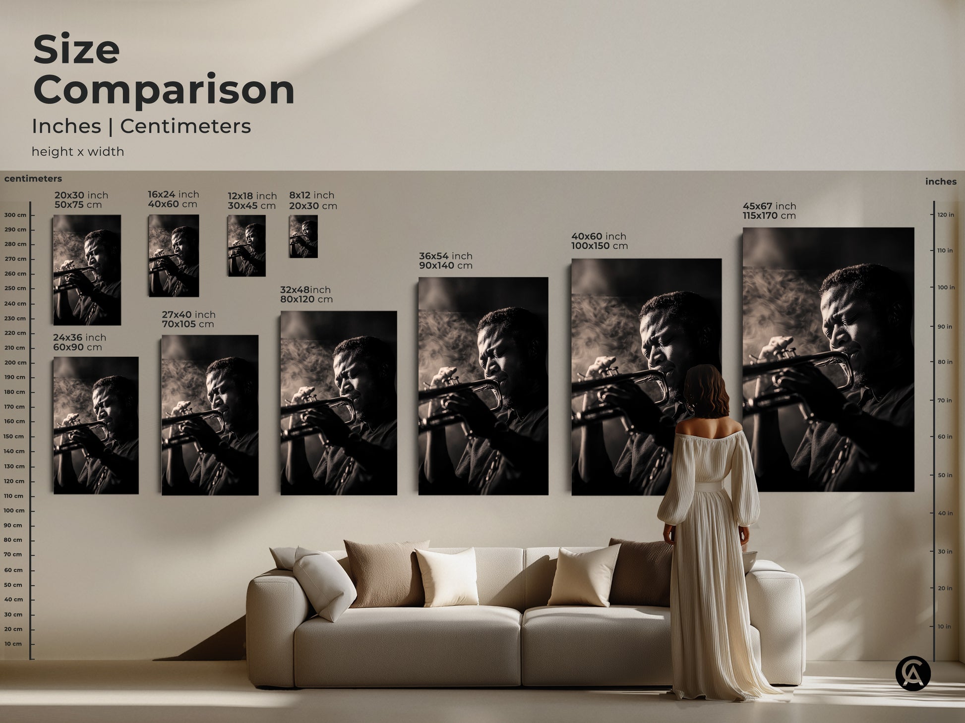 Size comparison of musician artwork in inches and centimeters. Visualize how each size fits above a sofa. Options range from small to large. Perfect for any room. Select the right artwork to enhance your home decor. Transform your space!