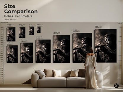Size comparison of musician artwork in inches and centimeters. Visualize how each size fits above a sofa. Options range from small to large. Perfect for any room. Select the right artwork to enhance your home decor. Transform your space!