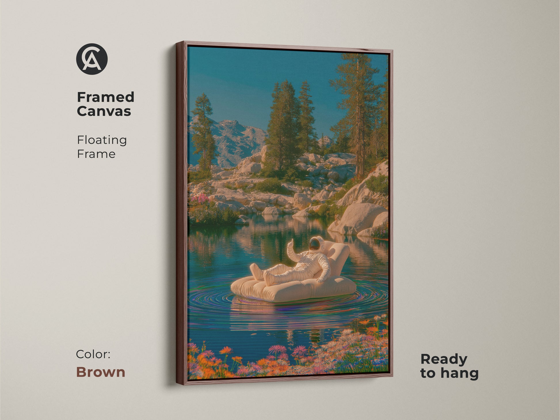 The astronaut is relaxing on a raft in a tranquil mountain lake. This blue green teal artwork blends space exploration with natural landscapes. This piece offers a contemporary aesthetic. It is ideal for those who love sci-fi or imaginative art. The canvas is ready to hang.