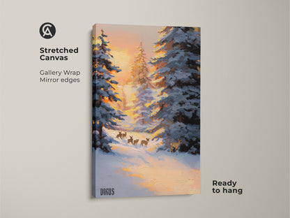 Stretched canvas print of deer in a snowy forest wall art. This winter landscape canvas print has gallery wrapped mirrored edges and is ready to hang. This rustic nature decor uses a striking blue and orange palette. Ideal as a peaceful forest scene art for nature lovers.