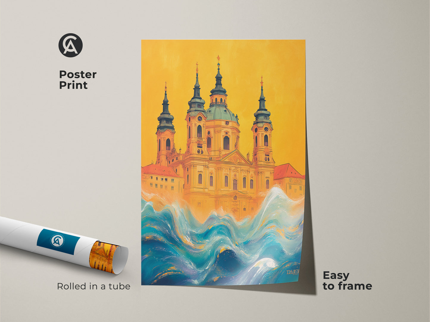 Poster print showcasing a surreal church artwork. The yellow and blue waves create an eclectic feel. The building art is easy to frame and adds character to any room. This travel inspired artwork is rolled in a tube for safe shipping. Enjoy this colorful ocean art.